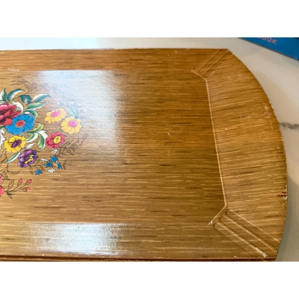 Vintage Hasko De Luxe Lap Tray Mid Century Faux Wood Floral Lithograph MCM 16x8